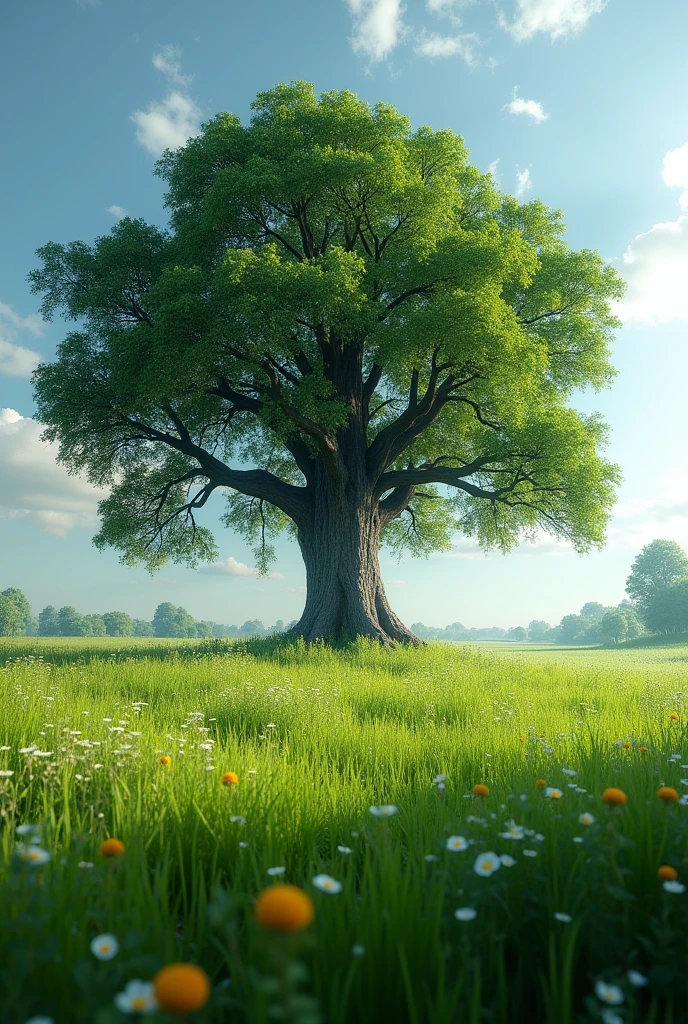 (Photorealism:1.2), field and a huge oak tree