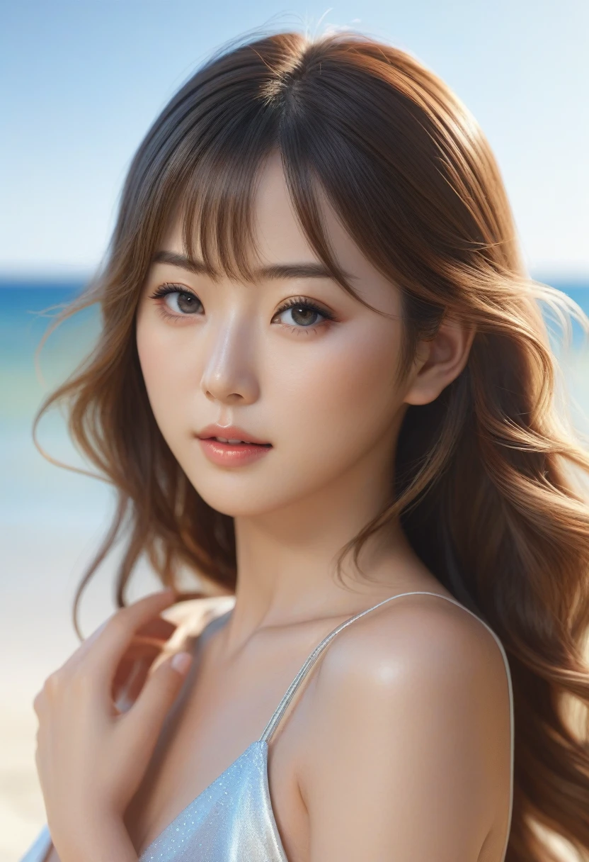 8k, raw photo, best quality, masterpiece, realistic, photo realistic, clear, professional lighting, beautiful face, best quality,ultra high res, realistic japanese, Super detailed, detailed fingers, 1women, shiny hair, detailed hair, beach resort,standing, full body