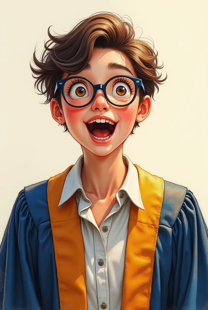 A teacher in training, excited about your degree. In the form of a human drawing, with training gown and glasses.