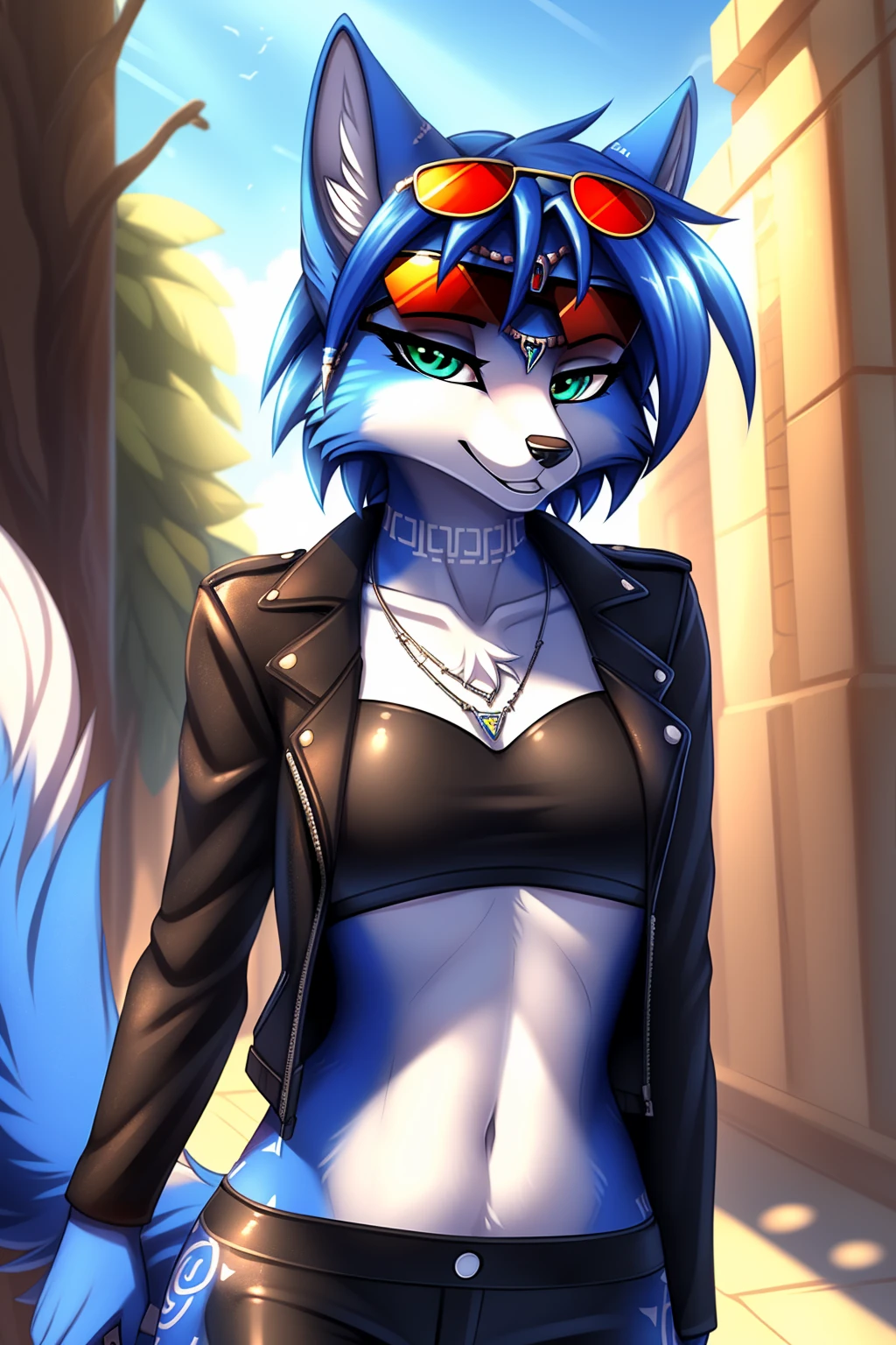 By zinfyuu on pixiv,by twistedscarlet60, uploaded on pixiv, by fluff-kevlar, (masterpiece), (best quality), (anthro furry:1.3, snout:1.2, anthro:1.3, furry:1.2, solo female:1.2), (extremely detailed:1.3), (Detailed eye part: White lens, green iris,black cornea), tall, slim body, sweet smile, blue fur, krystal fox, krystal, black leather jacket:1.5), black jacket, leather jacket, black leather pants, black pants, leather pants, (sunglasses:1.2), rectangular sunglasses, dark sunglasses, dark sunglasses, black sunglasses, serious face, serious expression