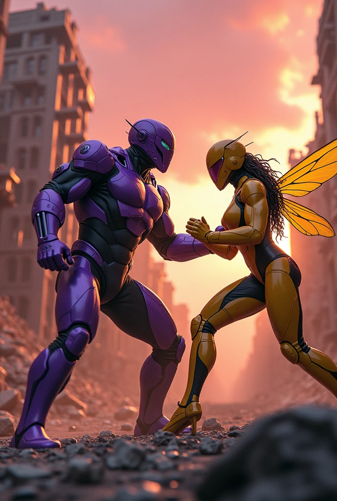 (photorealism: 1.2), villain, muscular man, dressed in a purple futuristic suit, wearing a purple helmet, fighting a heroine with a yellow futuristic suit, with a futuristic helmet, with the wasp-style suit, exterior , destroyed city, villains and heroes fighting in the background, destroyed buildings, reddish sky, warm colors
