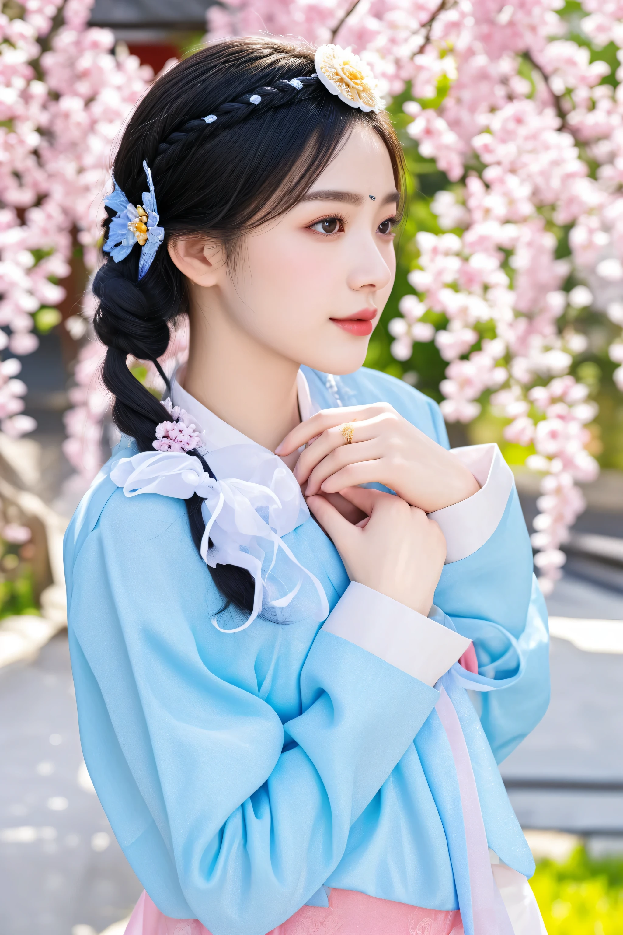 there is a woman in a blue and pink dress posing for a picture, palace ， a girl in hanfu, hanfu, white hanfu, wearing ancient chinese clothes, with acient chinese clothes, traditional chinese clothing, chinese costume, heise-lian yan fang, chinese girl, beautiful image, chinese woman, full body xianxia, traditional chinese