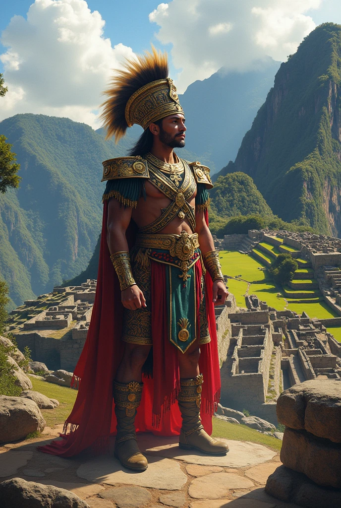 Inca Pachacutec in Machu Picchu with Inca insignia