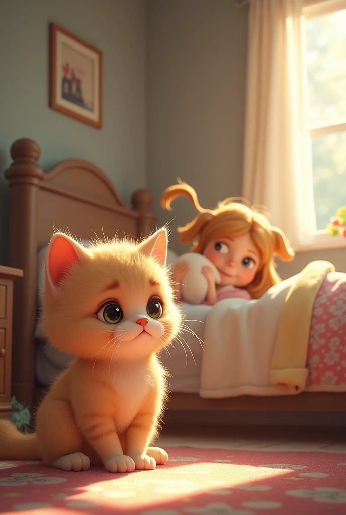 Cute Cat in golden sad at the corner of room and her owner wearing pink and white pant shirt playing with dog on the bed happy dog and owner