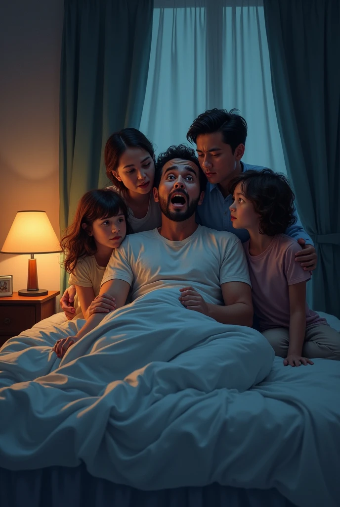 Man waking up from a nightmare scared, his children and wife calm him down 