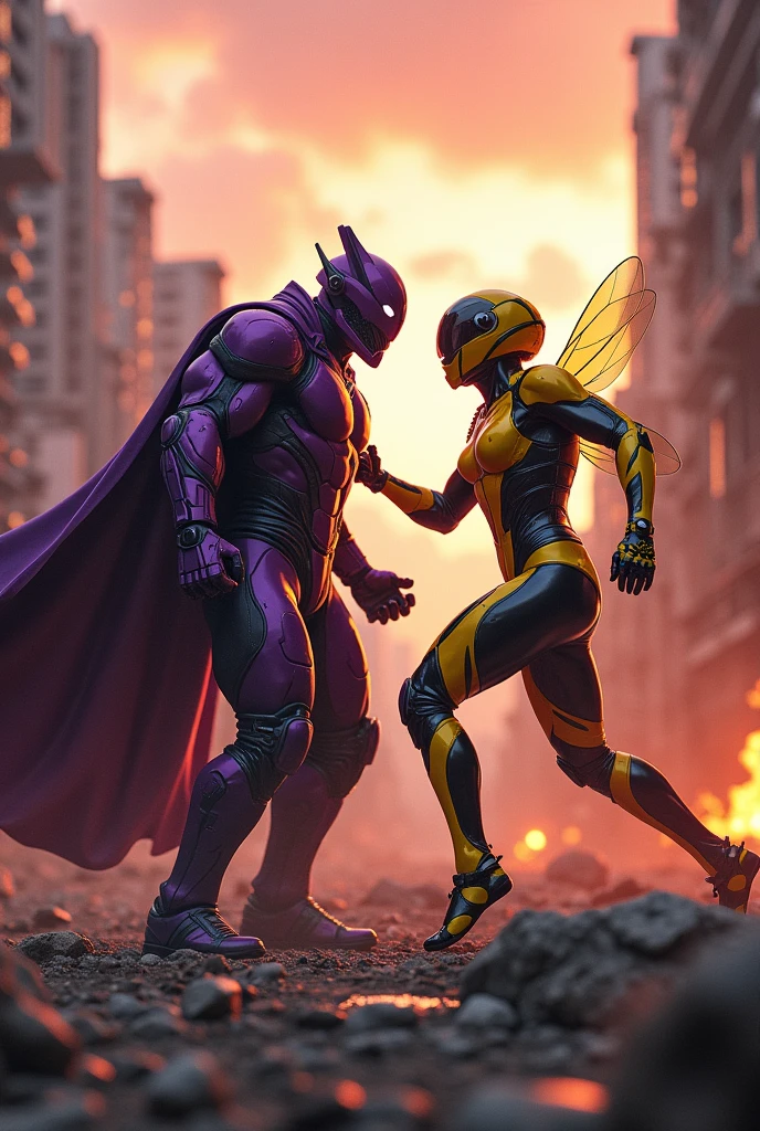 (photorealism: 1.2), villain, muscular man, dressed in a purple futuristic suit, wearing a purple helmet, fighting a heroine with a yellow futuristic suit, with a futuristic helmet, with the wasp-style suit, exterior , destroyed city, villains and heroes fighting in the background, destroyed buildings, reddish sky, warm colors
