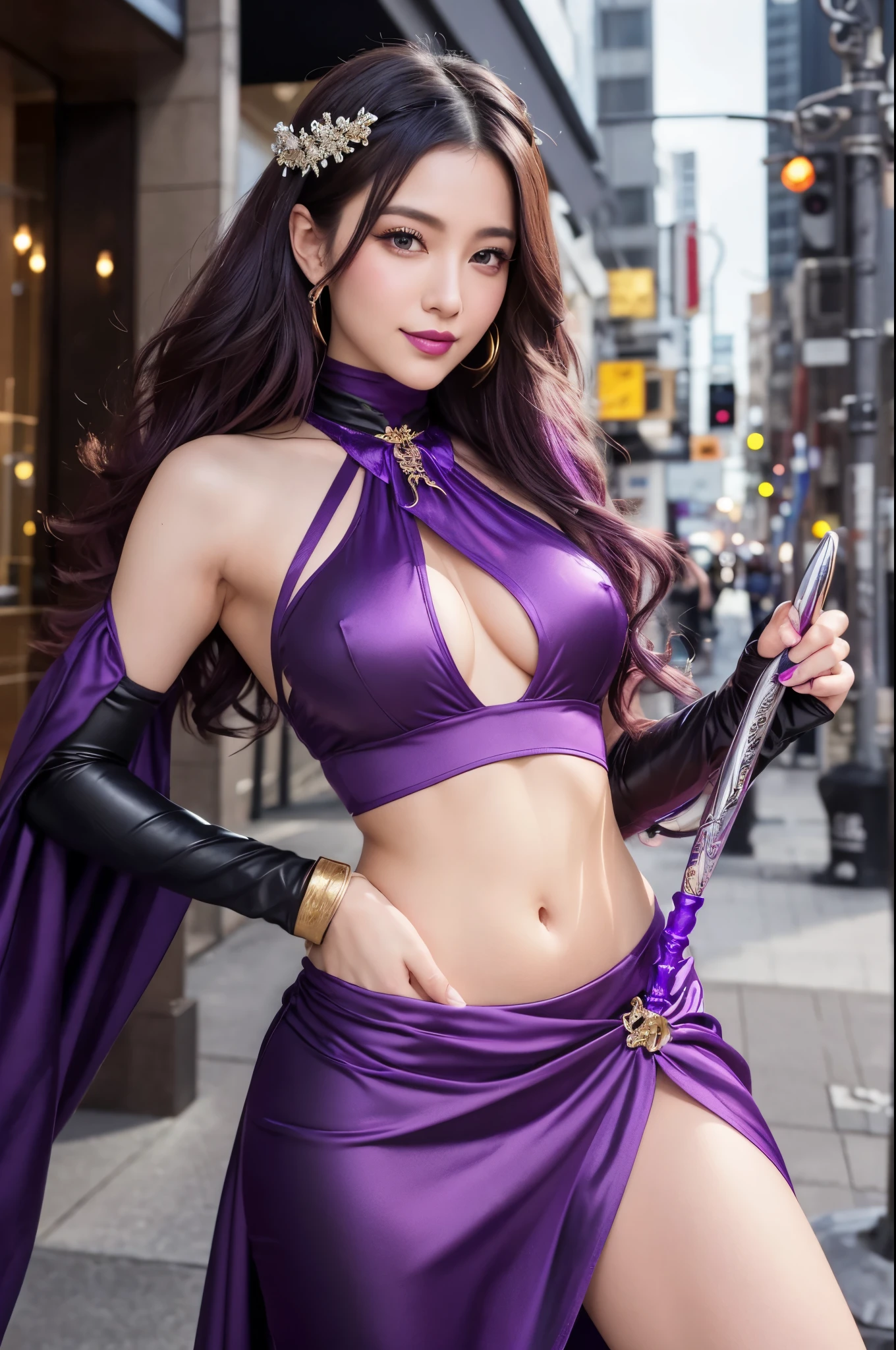 8k,豪華な紫色のQueenドレスと黒いマントを着てポーズをとるアラハドの女性, 巨乳のQueen,Super Beauty(Like the real thing),Sexy,Bright purple curly hair,Beautiful purple eyes,Purple Lipstick,rose flower headband,Gorgeous purple rapier,Very detailed artgerm, WLOP and Artgerm, Style Art Germ, in the Style Art Germ, Style: Ivan Talavera and Artgerm, As seen in ArtGerm, 8kの高品質で詳細なアート, ! Dream Art Germ,Sexyな衣装,Gaze to seduce the viewer,Cool smile,A purple and gold gauntlet on his arm,purple and black long skirt,compensate,Queen'The elegance of,Equipped with a thorn whip on the waist,Detailed Coat of Arms,Highest quality photorealistic RAW photos。Backlight、Cinema Lighting、Film Grain、50mm lens、Nikon D850、Ultra-Realistic Skin、Fantasy art、Character Art、Ultra-high resolution、muscular and slim body、Ultra-Realistic Skin、purple curl hair,