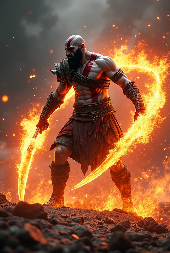 thubnail, "kratos, the spartan warrior on a fire background, is in a moment of furious attack. He is wielding his Blades of Chaos, that are engulfed in intense flames. kratos, with his fierce expression and tensed muscles, is in the middle of a powerful coup, with the blade chains spinning around him. The scenery in the background is dark and chaotic, with dark clouds and sparks flying in the air, while the ground around it is scarred by cracks and embers. A imagem captura a força e a fúria de kratos em pleno combate." This description should help create a powerful image that is true to the style of God of War..