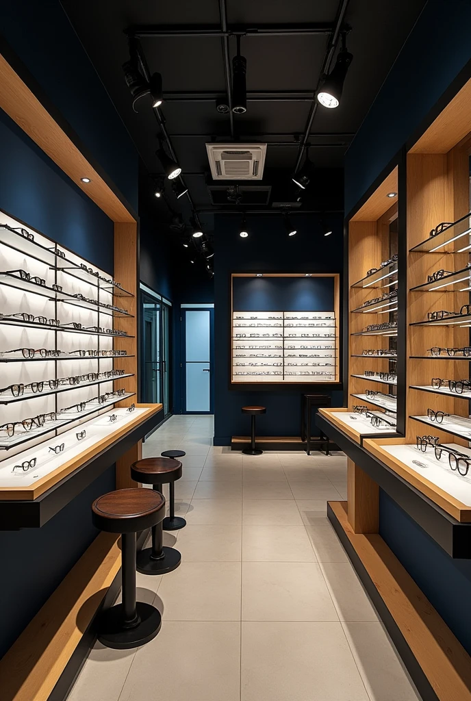 I created an image of the physical location for my optician called Irishop. The colors of the logo are black, white, and a blue scale., the concept is vintage, elegant, with things mounted on wood and metal, 