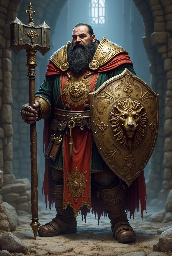 Medieval Dwarf Cleric with Lion Shield and War Hammer Dark Hair