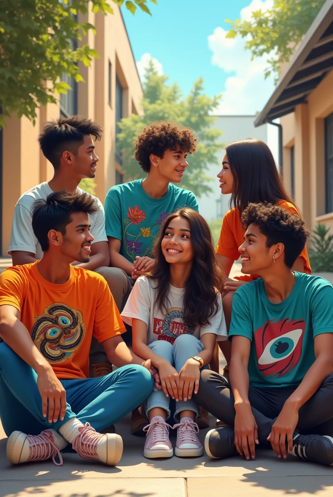 Young men and women 18 to 2, light skin urban clothing with abstract designs on the t-shirts sitting in the courtyard of the music school straight hair latin features and characteristics