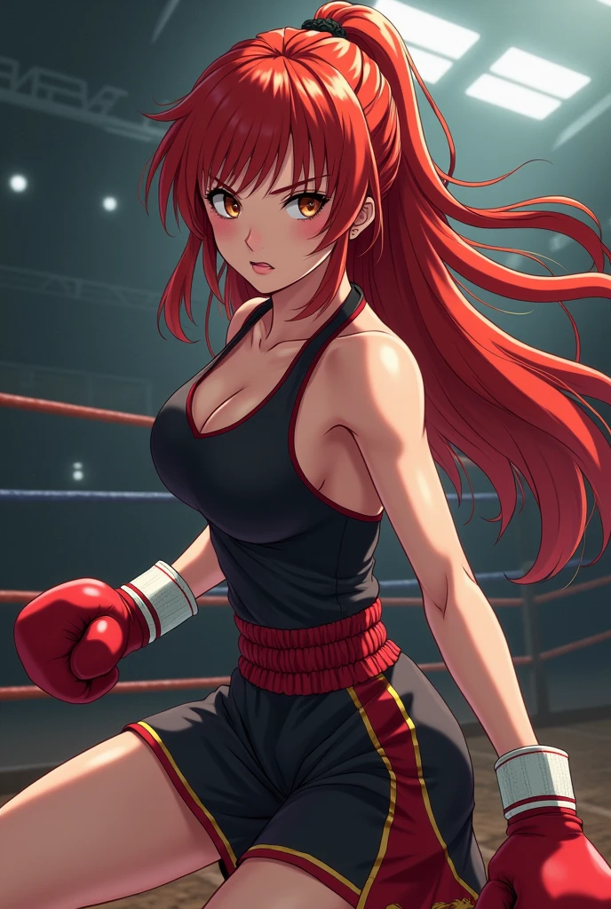with long red hair, eyes browns, fighting kickboxing in anime version, pretty.