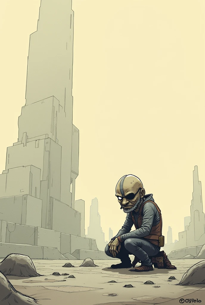 "Design a poignant and minimalistic scene depicting the tragic death of Scooter from Borderlands: The Pre-Sequel. Place Scooter on the first third of the image, capturing his emotional farewell. The background should be a stark, abstract representation of the game's environment. Use a limited color palette and clean lines to evoke a sense of loss and depth, in the style of Olly Moss."