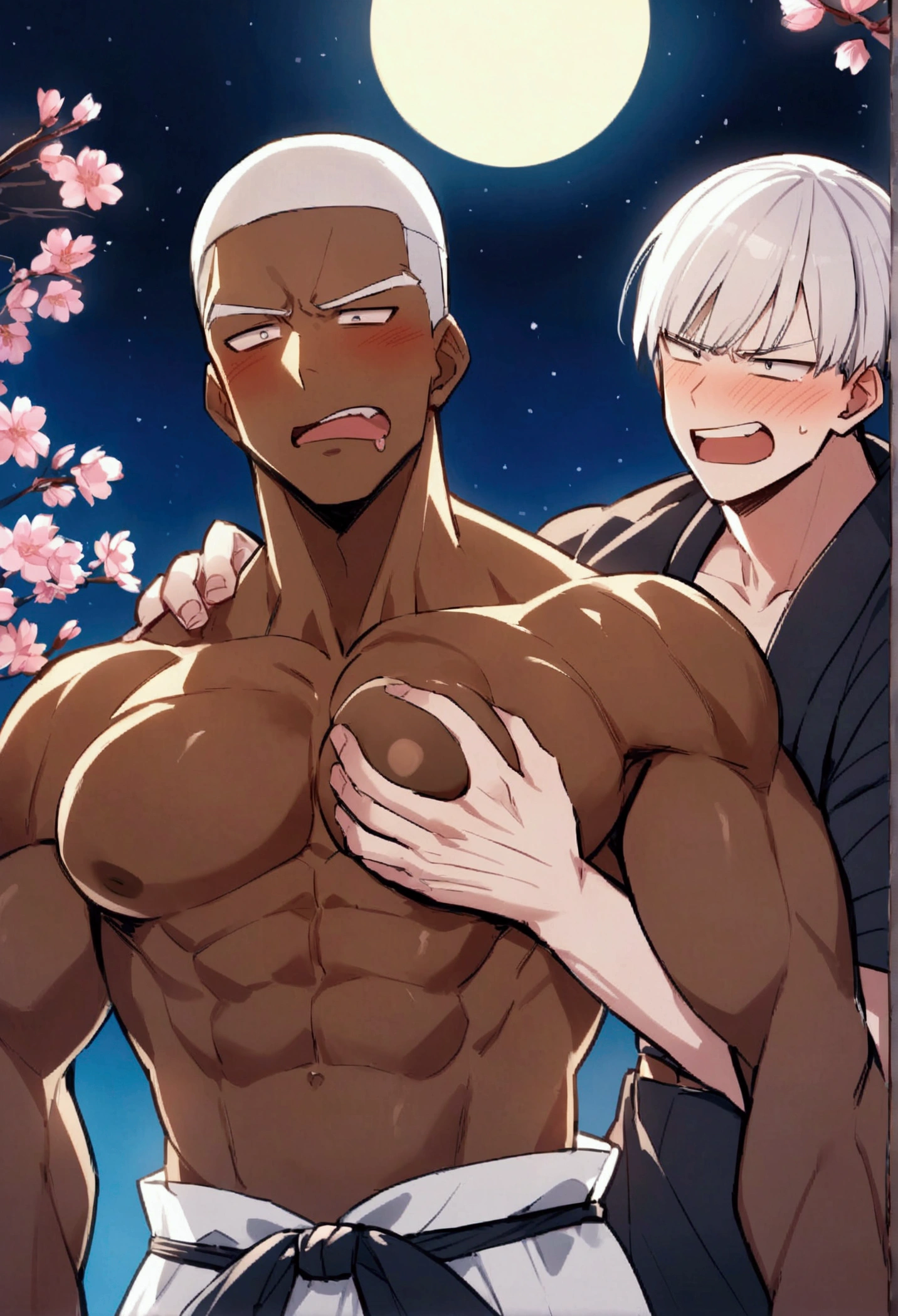 Highest quality、Two muscular men devour each other、grabbing another’s chest、manly、White Hair、crew cut、Dark Skin、Macho、Embarrassed face、Cherry Blossoms at Night、full moon、Night starry sky