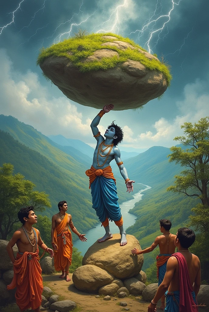 Shri krishna pull gobardhan hill on finger. 