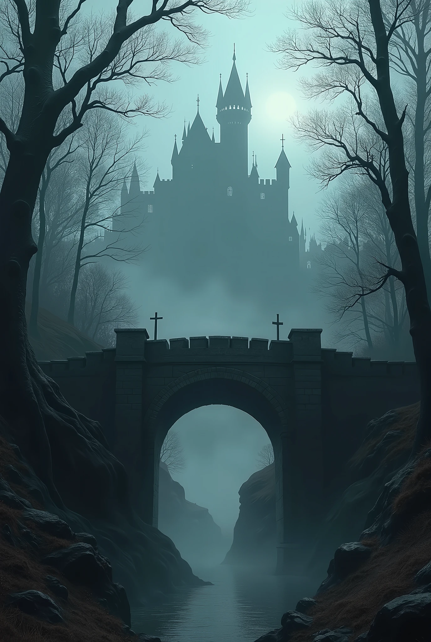 dark image of bridge in dark forest with castle in background, a matte painting, inspired by Andreas Rocha, winner of the cgsociety competition, fantasy art, moody misty fantasy art, dark fantasy art, dark fantasy landscape, dark fantasy concept art, fantasy horror art, dark fantasy art, fantasy dark art, dark fantasy artwork, dark fantasy setting