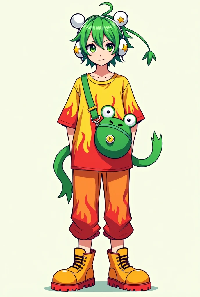 male character, with green hair, green eyes, white headphones with stars, a kawaii green frog bag , fire pattern shirt, fire pattern pants, orange and red boots, and be an adult.