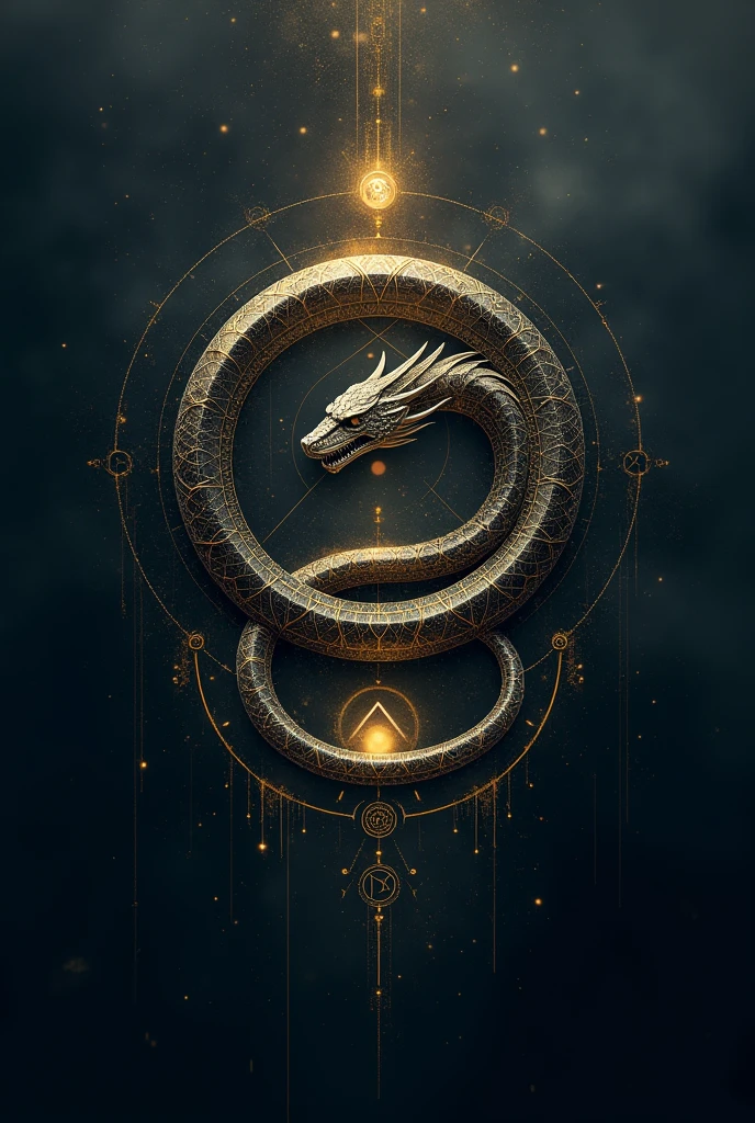 Main symbol: O Ouroboros
visual: An ouroboros, the serpent or dragon that bites its own tail, forming a circle. This ancient symbol represents the eternal cycle of transformation and renewal..
styled: The ouroboros can be styled with a modern twist, with geometric details or patterns reminiscent of electronic circuits, to symbolize the fusion between antiquity and modernity, and between mind and technology.
2. Fundo Simples e Abstrato
visual: A subtle, abstract background in shades of dark blue or black, with light textures or patterns that resemble the mind or energy in motion. Gold or silver particles can be added to give a mystical touch and suggest transformation..
effect: Keeping the background simple helps the main symbol stand out, creating a clean profile picture, but significant.
3. Secondary Element: Luz Interior
visual: A faint glow or aura around the ouroboros, as if radiating light from the inside out. This light can be golden or white, symbolizing inner enlightenment and transformation that comes from within.
Positioning: The light should be soft, surrounding the ouroboros and creating a contrast with the dark background, highlighting the symbol without overloading the image.
4. Touch of Alchemy: Pedra Filosofal
visual: In the center of the ouroboros, there may be a small symbol of a philosopher's stone, like a crystal or a simple golden triangle, representing the ultimate goal of alchemy—the perfection and ultimate transformation of the mind.
effect: This detail may be subtle, but adds depth to the concept of transformation and personal evolution.
5. styled Minimalista
visual: Keep the design minimal, without many details or elements, to ensure that the image is clear and recognizable even at smaller sizes, like the YouTube profile icon.
colors: Use a limited color palette, With golden hues, dark blue and black, to create an elegant and impactful image.
6. Name Integration (optional)
visual: If you want,