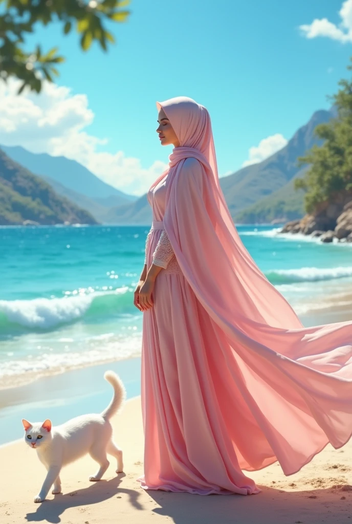Beautiful woman wearing hijab covering her chest On the beach and mountains Long pink dress With white cat Blue sky