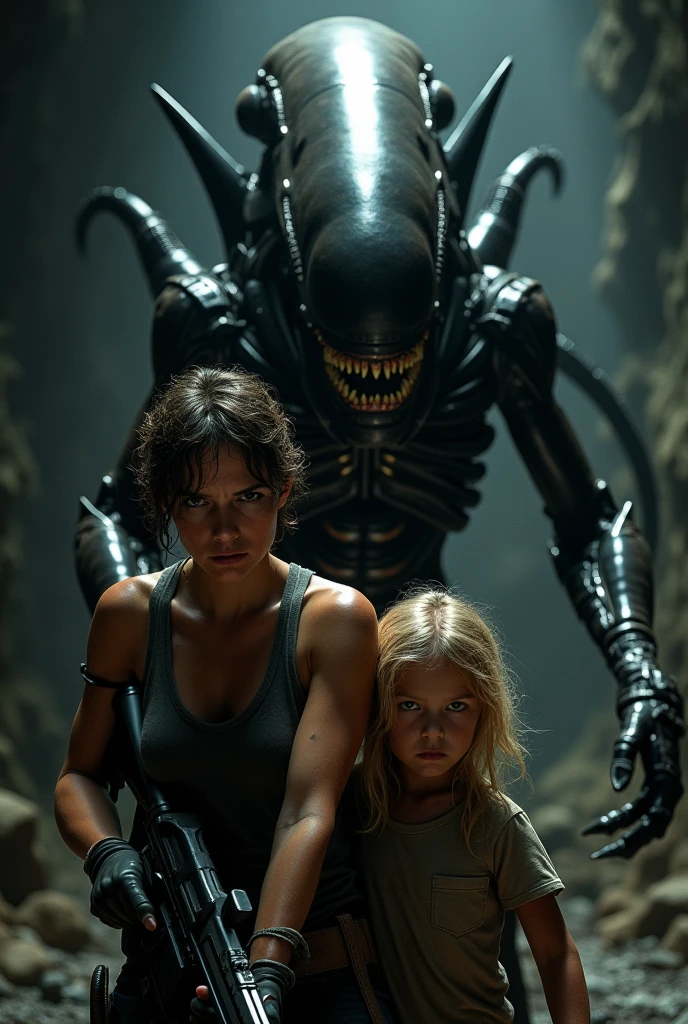 Generate a woman with short curly hair, in a top tank, and she is with a blonde girl in old clothes, the woman is holding a machine gun, and she is sweaty, and she is in a dark night cave, and behind him is a big skinny xenomorph alien, he is black and has sharp teeth