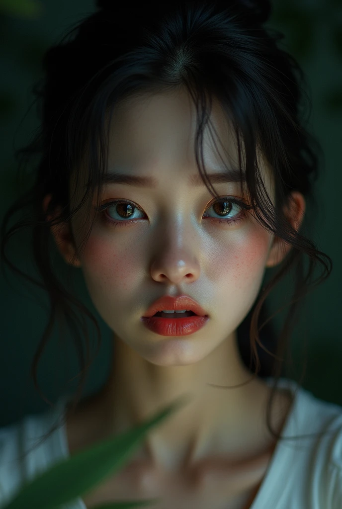 (best quality, 4k, 8k, high resolution, masterpiece: 1.2), ultra-detailed, realistic, portraits, gray, beautiful, artistic, emerald, dense, abundant shadow, ethereal, vibrant, serene, tranquil, proud, masterpiece photo, beautiful girl, detailed face, model photo, romantic, perfect skin, black, realistic, surprise, sad, sadness, face, eyes, stare, dark background, feeling, anger, emotions, past, memory, sadness