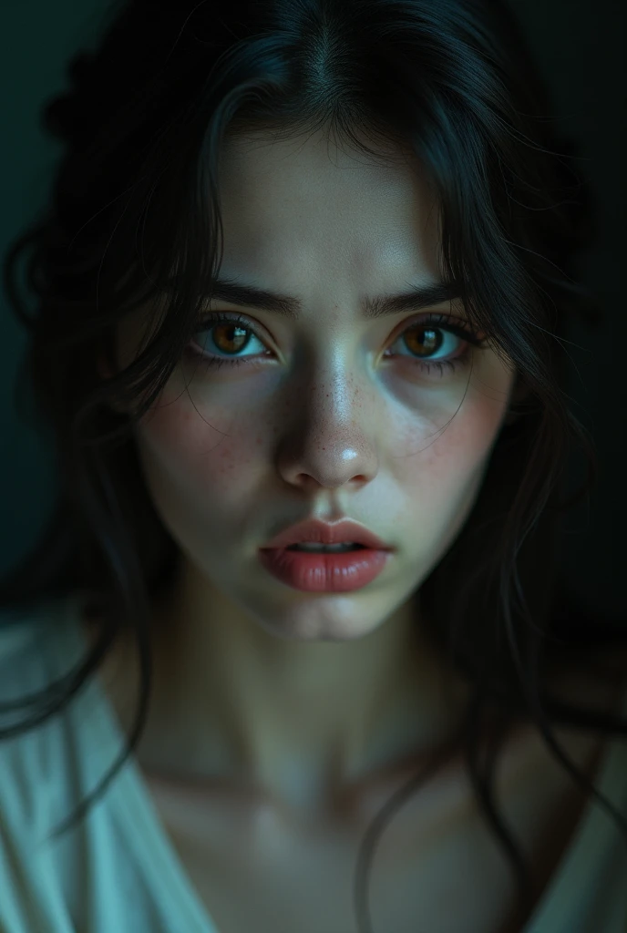 (best quality, 4k, 8k, high resolution, masterpiece: 1.2), ultra-detailed, realistic, portraits, gray, beautiful, artistic, emerald, dense, abundant shadow, ethereal, vibrant, serene, tranquil, proud, masterpiece photo, beautiful girl, detailed face, model photo, romantic, perfect skin, black, realistic, surprise, sad, sadness, face, eyes, stare, dark background, feeling, anger, emotions, past, memory, sadness