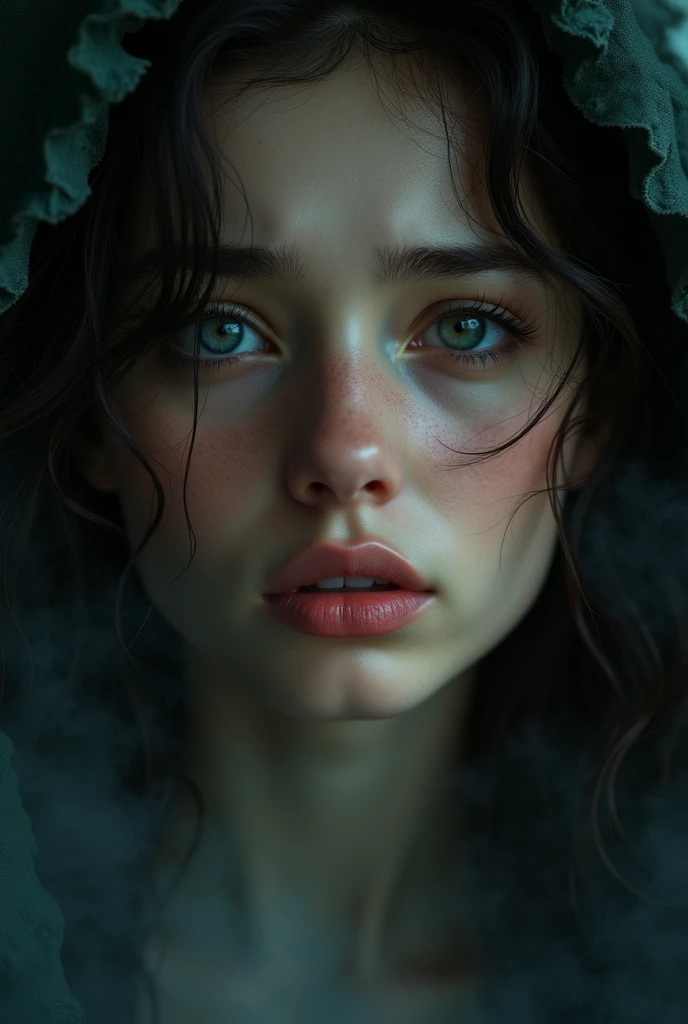 (best quality, 4k, 8k, high resolution, masterpiece: 1.2), ultra-detailed, realistic, portraits, gray, beautiful, artistic, emerald, dense, abundant shadow, ethereal, vibrant, serene, tranquil, proud, masterpiece photo, beautiful girl, detailed face, model photo, romantic, perfect skin, black, realistic, surprise, sad, sadness, face, eyes, stare, dark background, feeling, anger, emotions, past, memory, sadness