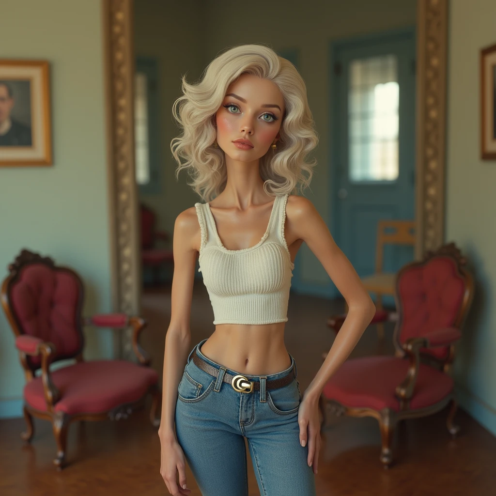 vintage photography of a lanky old woman as a ((diver)) with ((beach waves hair)) wearing (retro clothes),dressed in white crop top,blue jeans,silver belt,textured fabric,denim texture,indoor setting,wooden floor,ornate furniture,one arm bent,hip jutted out,direct gaze,centered subject,medium shot,eye-level angle,rendered in a 2.5D isometric perspective. Soft gradients add dimension,pastel color scheme,soft lighting,(noir:0.4),(intricate details:1.12),hdr,(intricate details,hyperdetailed:1.15),(wide angle view:1.3),shot on Canon EOS 5D Mark IV with Canon EF 24-70mm f-2.8L II,photo by Imogen Cunningham