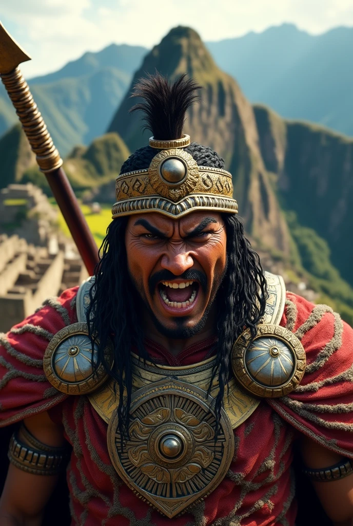 Inca Pachacutec in Machu Picchu with Inca insignia with the face of Pachacutec and more realistic with weapons and the face of an enraged Pachacutec
