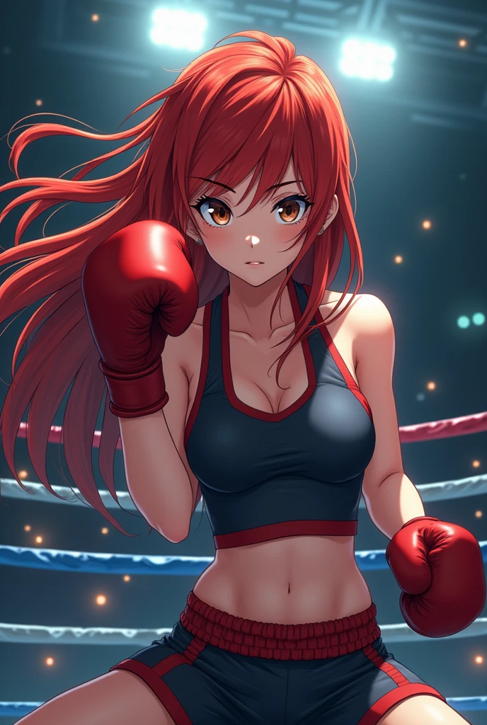  with long red hair, eyes browns, fighting kickboxing in anime version, pretty.