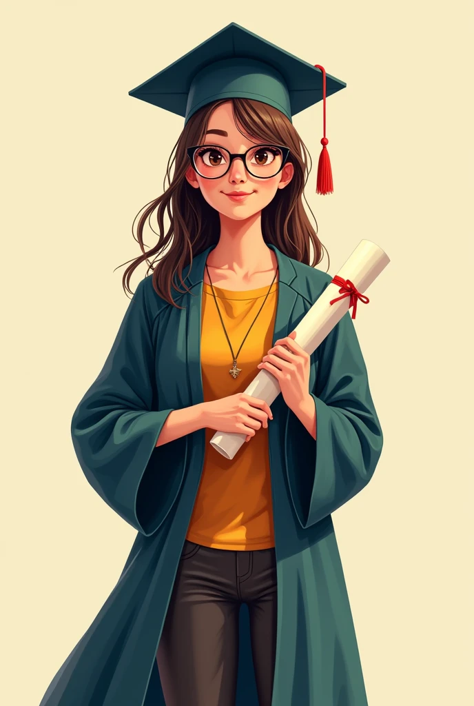 A teacher in training, enthusiastic, emphasize it with your diploma in hand and cap. In the form of a human drawing, with training gown and glasses