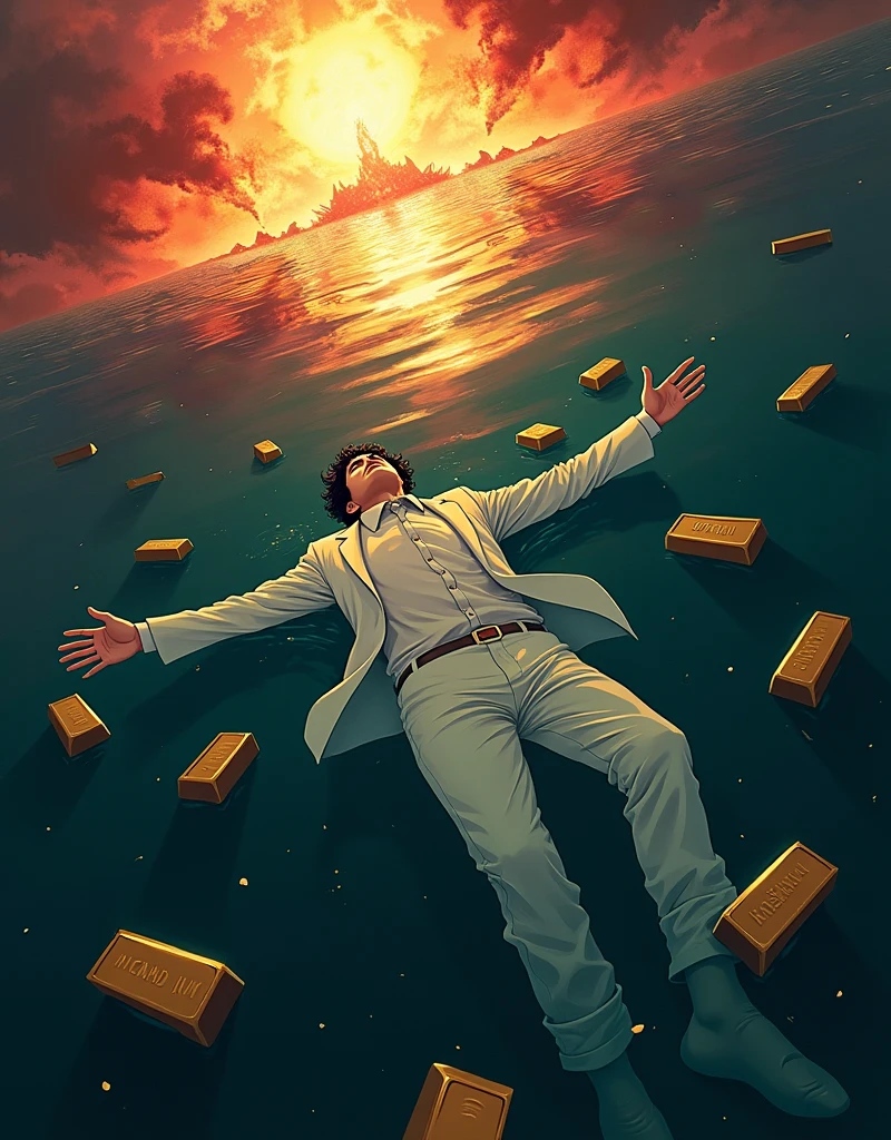 Create a anime style landscape image. an anime style image showing a surreal and dramatic scene of a person in a white suit sinking into deep, dark waters, surrounded by floating gold bars. The figure appears to be floating helplessly, as if falling through the water, with their arms extended and head tilted back. and his body is oriented horizontally with his back facing the viewer. Above the surface of the water, visible through the distorted view of the depths, there is a fiery explosion, casting a chaotic blend of red, orange, and yellow light onto the water. The gold bars around the person seem to be floating and tumbling through the water, giving the impression of wealth lost in the chaos. The mood should be somber and intense, highlighting themes of loss, wealth, and the overwhelming force of destruction.