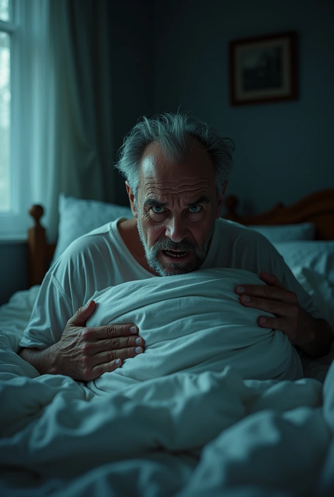 Man waking up from a nightmare scared