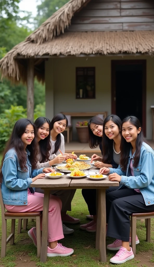 7 Beautiful Indonesian Women, his body is quite fat, fair skin, big nose, long wavy hair, wearing a denim jacket, long pants, wearing pink sneakers, sit down, eating position, on the table there is fried cassava, happy faces all facing the camera, in front of the country house, morning mood, minimal defects, very detail, realistic, 8K picture