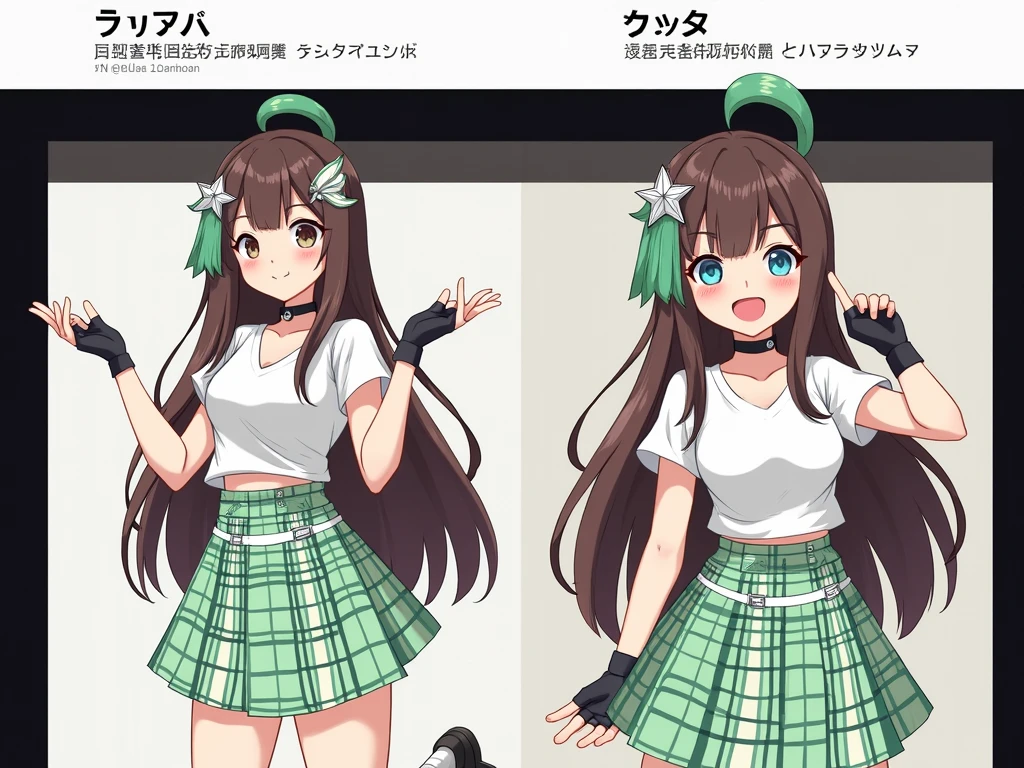 A girl with long, straight brown hair , He has a green lock of hair on the left side of his head. (It's not gray, it's just his hair but in green)She has a silver star brooch on the left side of her head, His right eye is blue and his left eye is green., She has a black choker, She has a white short-sleeved blouse that reaches to her waist, grey elbow length fingerless din gloves, Brown belt, mint green and white plaid skirt black school shoes and long white socks