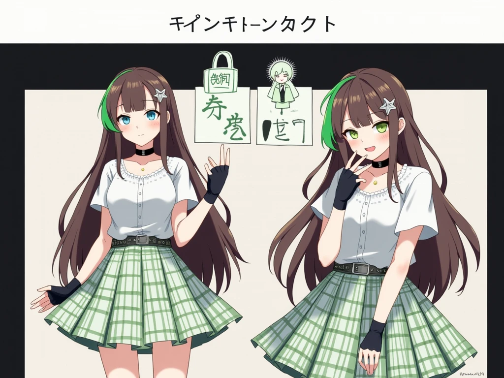 A girl with long, straight brown hair , He has a green lock of hair on the left side of his head. (It's not gray, it's just his hair but in green)She has a silver star brooch on the left side of her head, His right eye is blue and his left eye is green., She has a black choker, She has a white short-sleeved blouse that reaches to her waist, grey elbow length fingerless din gloves, Brown belt, mint green and white plaid skirt black school shoes and long white socks