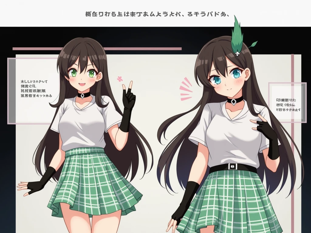 A girl with long, straight brown hair , He has a green lock of hair on the left side of his head. (It&#39;s not gray, it&#39;s just his hair but in green)She has a silver star brooch on the left side of her head, His right eye is blue and his left eye is green., She has a black choker, She has a white short-sleeved blouse that reaches to her waist,  grey elbow length fingerless din gloves, Brown belt, mint green and white plaid skirt black school shoes and long white socks