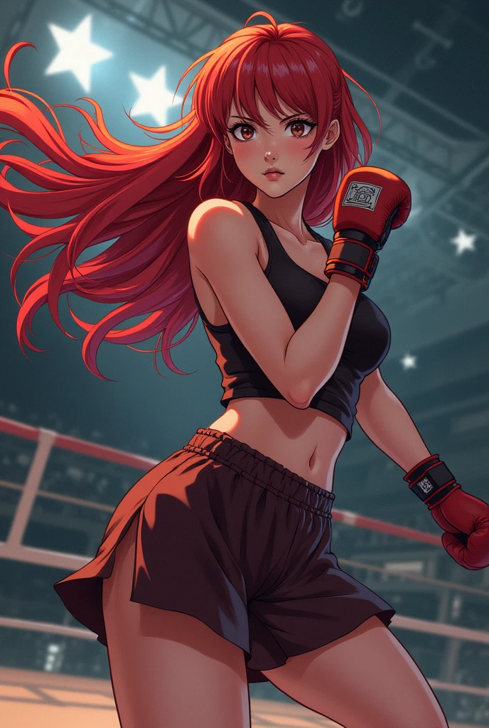 with long red hair, eyes browns, fighting kickboxing in anime version, pretty.