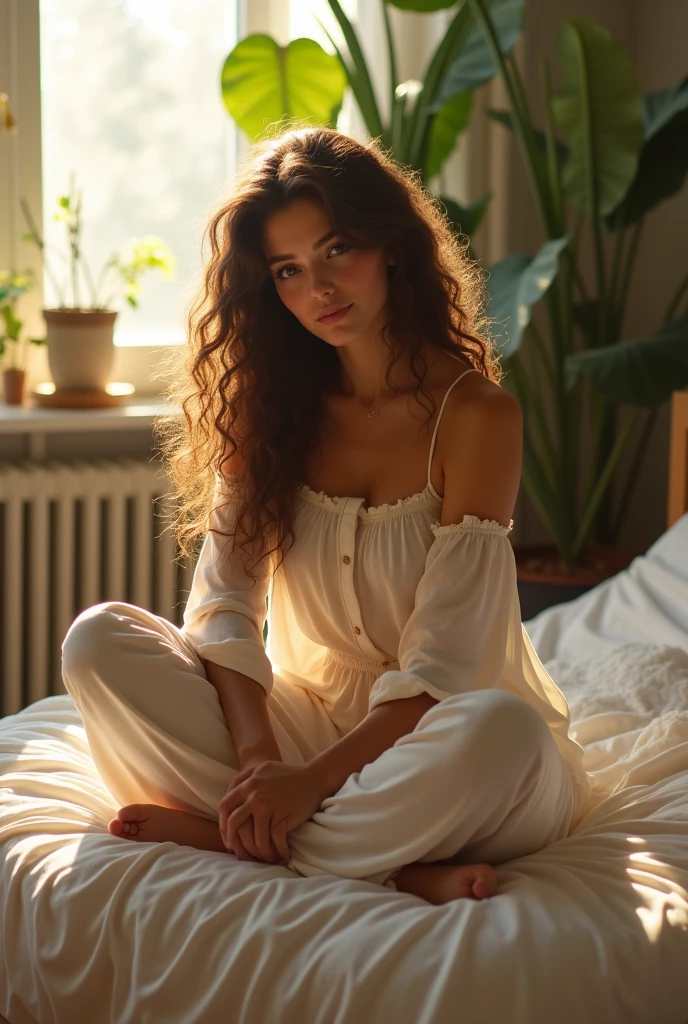 (photorealism:1.2), beautiful woman, sitting on bed, wearing loose off-shoulder top, pajama pants, long curly hair, indoors, soft lighting, plants in background, window with sunlight, cozy room, relaxed pose, realistic, intricate details, warm colors, by Greg Rutkowski, by Alphonse Mucha