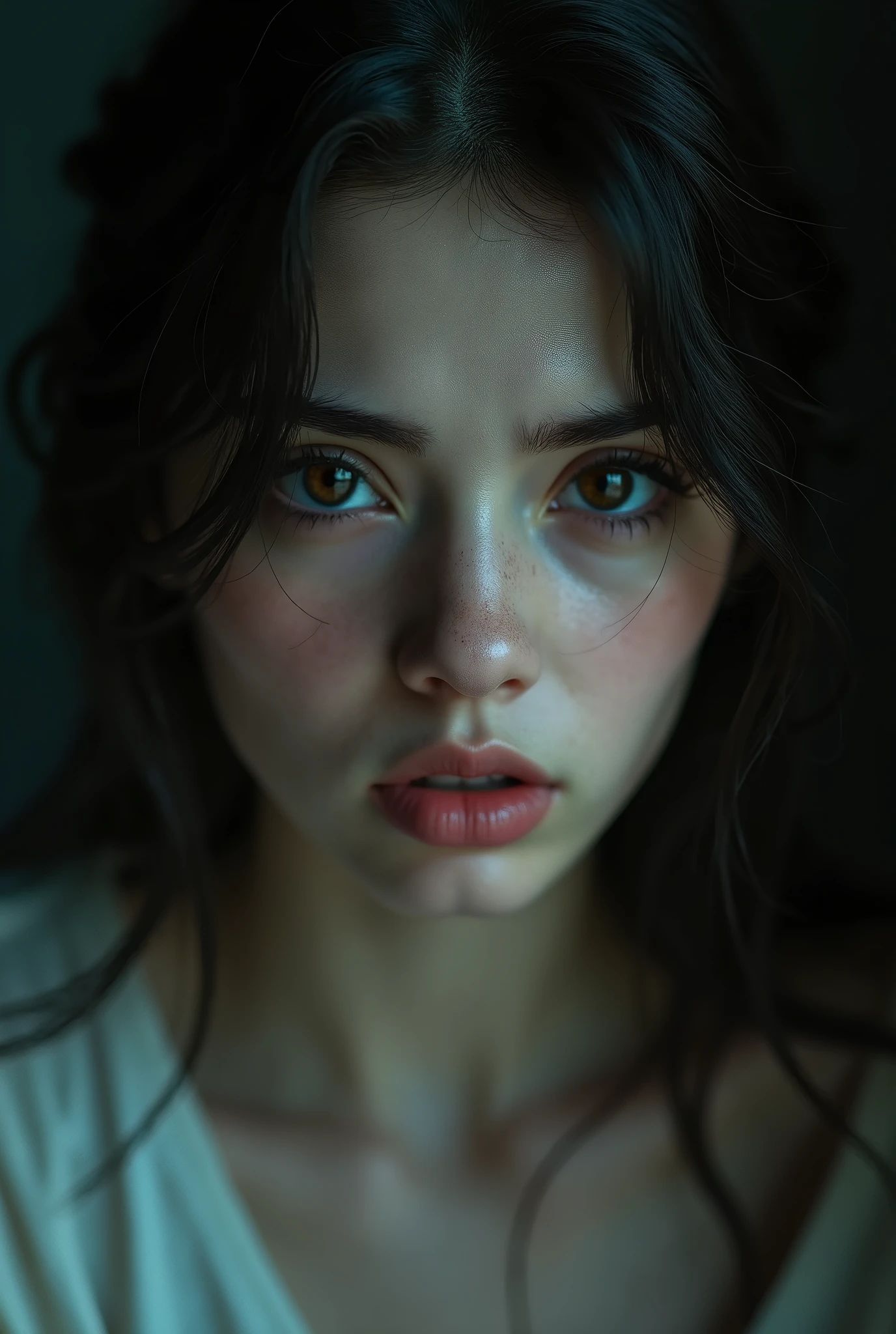 (best quality, 4k, 8k, high resolution, masterpiece: 1.2), ultra-detailed, realistic, portraits, gray, beautiful, artistic, emerald, dense, abundant shadow, ethereal, vibrant, serene, tranquil, proud, masterpiece photo, beautiful girl, detailed face, model photo, romantic, perfect skin, black, realistic, surprise, sad, sadness, face, eyes, stare, dark background, feeling, anger, emotions, past, memory, sadness
