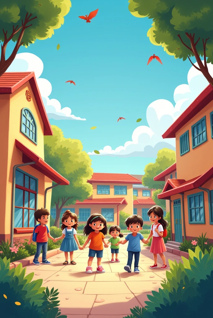 a happy school, community and learners working together for the better future. cartoon art