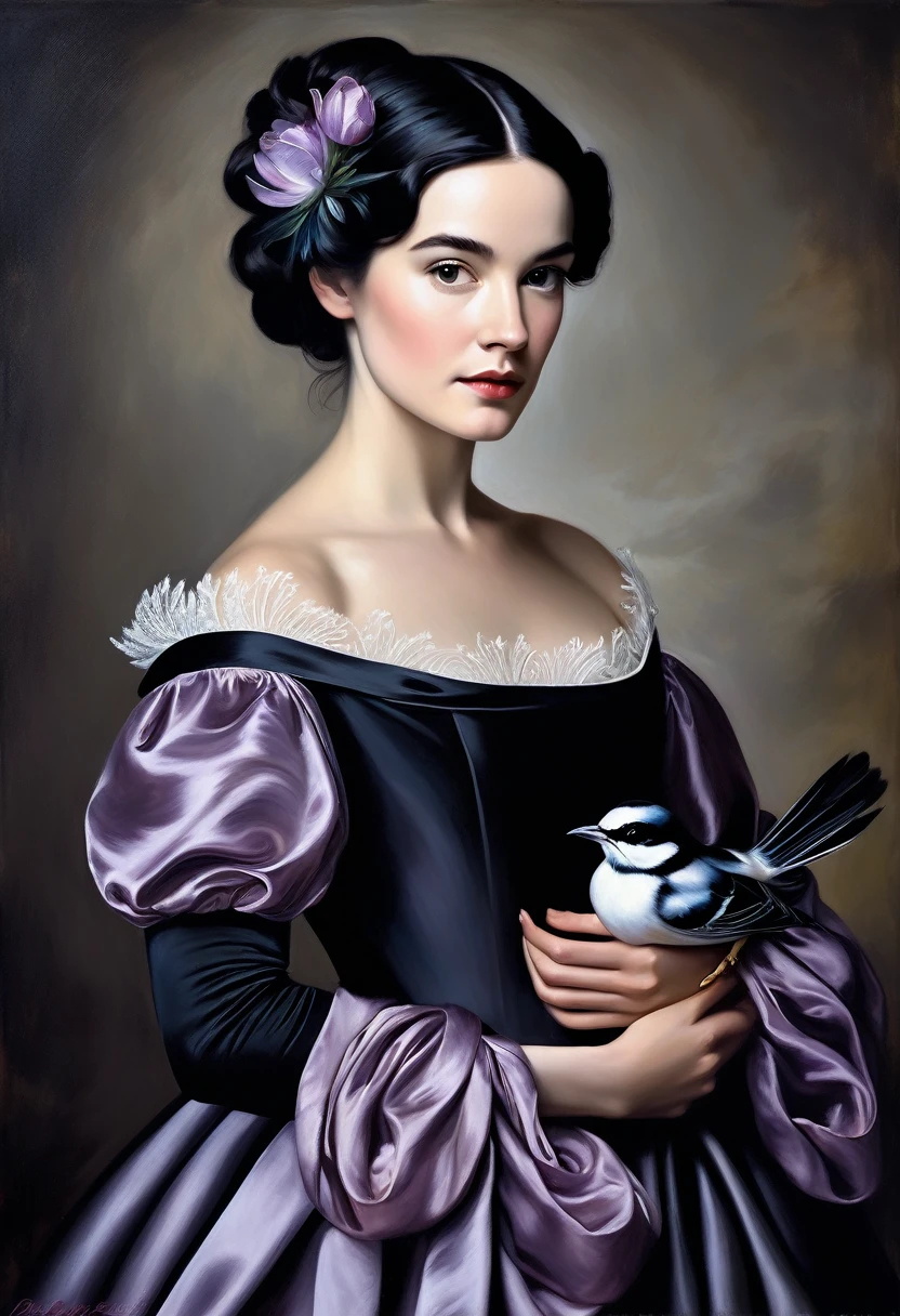 Emma Robertson painted in an elegant Renaissance gown. She has her signature liliac and black hair styled elegantly and is posing with a mysterious expression. She holds a small bird in one hand and a flower in the other. The background of the painting contains dark hues in a classical oil portraiture style of Renaissance art, cinematic lighting, hyper-realistic, elegance and grandeur typical for historical portraits