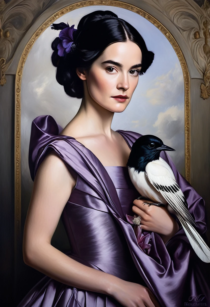 Emma Robertson painted in an elegant Renaissance gown. She has her signature liliac and black hair styled elegantly and is posing with a mysterious expression. She holds a small bird in one hand and a flower in the other. The background of the painting contains dark hues in a classical oil portraiture style of Renaissance art, cinematic lighting, hyper-realistic, elegance and grandeur typical for historical portraits