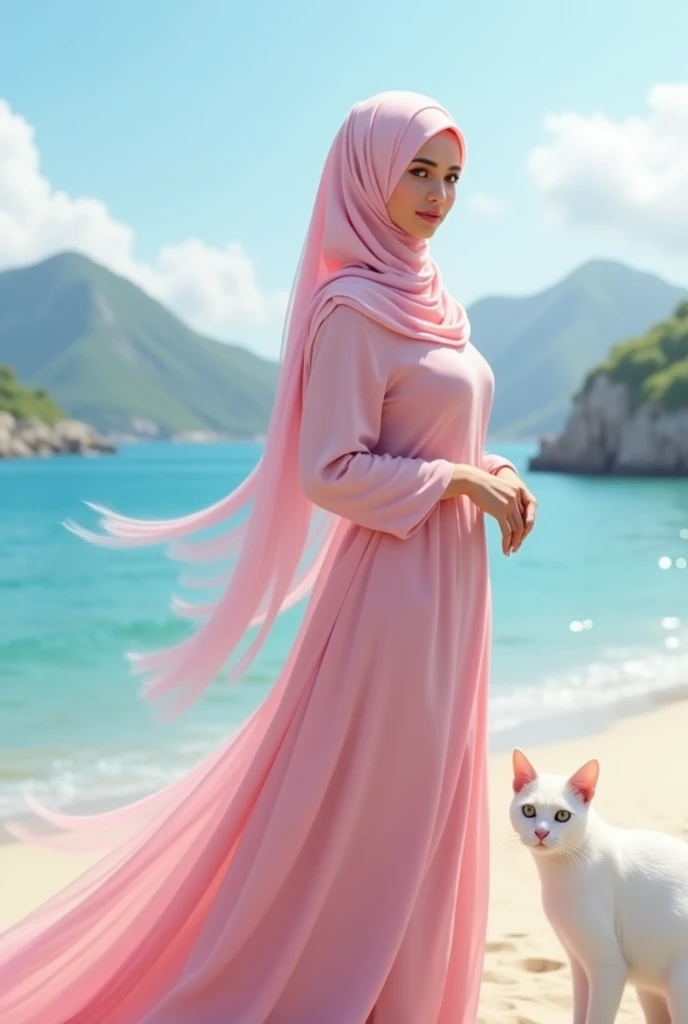 Woman with a long hijab covering her chest. White skin. Pink dress. On the beach and in the mountains. With a white cat