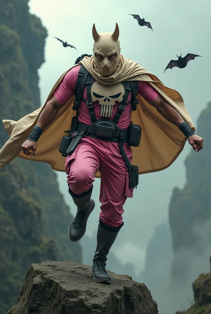 Close up portrait . Malaysia man in high-tech suit, vivid effects, malaysian superhero(( (KELUANG MAN))(( in a jumpsuit cargopink and brown beige costume cyberpunk design reverse color((white eyes hero((, mask small mini bat ear beige,))(( beige bat mask domino beige cover head helmet))jumpsuit dark pink stands confidently in a dramatic.jumping from high place.hero costume.one hand rise up. Kicking air . (Small punisher in triangle shape on chest.). jumping from hight place. Fighting pose , stormy landscape. ((Head covered node guard like batman.)) Running pose , athletic body type, small mini ear bat mask))The character wears domino mask a helmet with pointed mini torn ears and a flowing cape biege, open nose and mouth. Equipped with visible futuristic weapons on a belt,bullet proof jacket pink dark day.show fingers pose, dark night, big supermoon effect . Small logo on chest triangle shape small ((mitch gerads punisher ) )). rocky. Building top.smoke ground , bomb effect background((, losse pants, losses costume.))beige bootsadding to --ar 3:4 --style raw --stylize 500 --v 6.1. chaos. Lot of small flying bat.two Hand ride up , open legs up one leg down in standby for jumping in high place. One leg on the high stone. Man. Backpack . Real man age 40 year old. One hand holding belt. Jump from high place. Open cape.two hand holding pisto