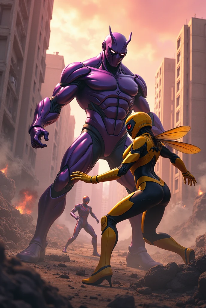 (photorealism: 1.2), villain, muscular man, dressed in a purple futuristic suit, wearing a purple helmet, fighting a heroine with a yellow futuristic suit, with a futuristic helmet, with the wasp-style suit, exterior , destroyed city, villains and heroes fighting in the background, destroyed buildings, reddish sky, warm colors