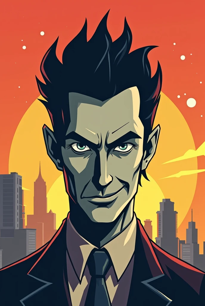 Create a minimalistic and graphic representation of the moment Handsome Jack reveals himself as the antagonist in Borderlands 2. The scene should feature Handsome Jack prominently on the first third of the image, with his charismatic and smug expression. The background should be abstract, reflecting the high-tech, dystopian atmosphere of Pandora. Use bold, contrasting colors and simple shapes, emulating Olly Moss's signature style."