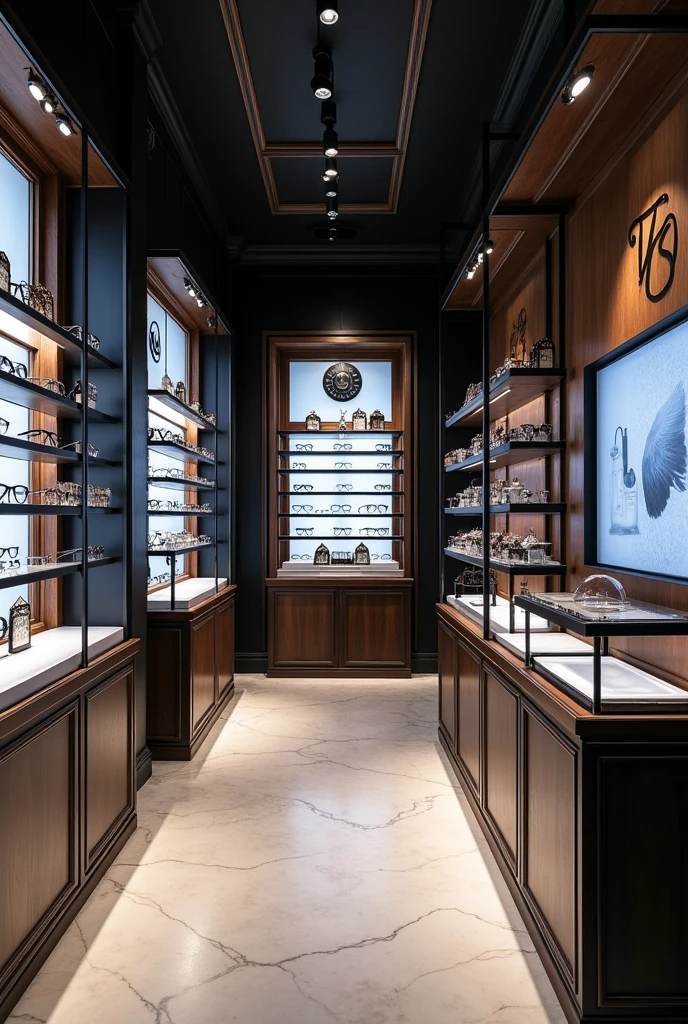 I created an image of the physical location for my optician called Irishop. The colors of the logo are black, white, and a blue scale., the concept is vintage, elegant, with things mounted on wood and metal, with marble floor, more general and with technology for attention 