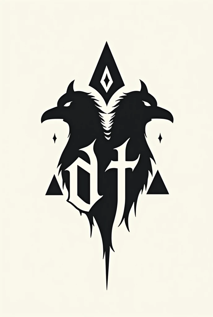 Generate a logo with a gothic and lettering style for a tattoo studio with the name DT. You can use geometric figures such as triangles as simple as possible and in silhouette.. Heads of cats or crows 