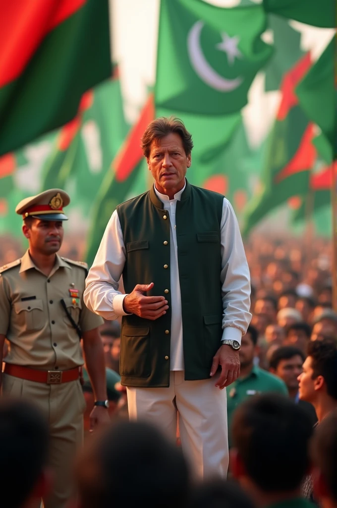 Pakistan Tehreek-e-Insaf Chairman Imran Khan was accompanied by a policeman on the stage of the meeting hall surrounded by green and red flags